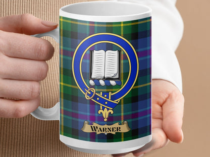 Physical Item 15oz / White Warner Clan Scottish Tartan Crest Mug