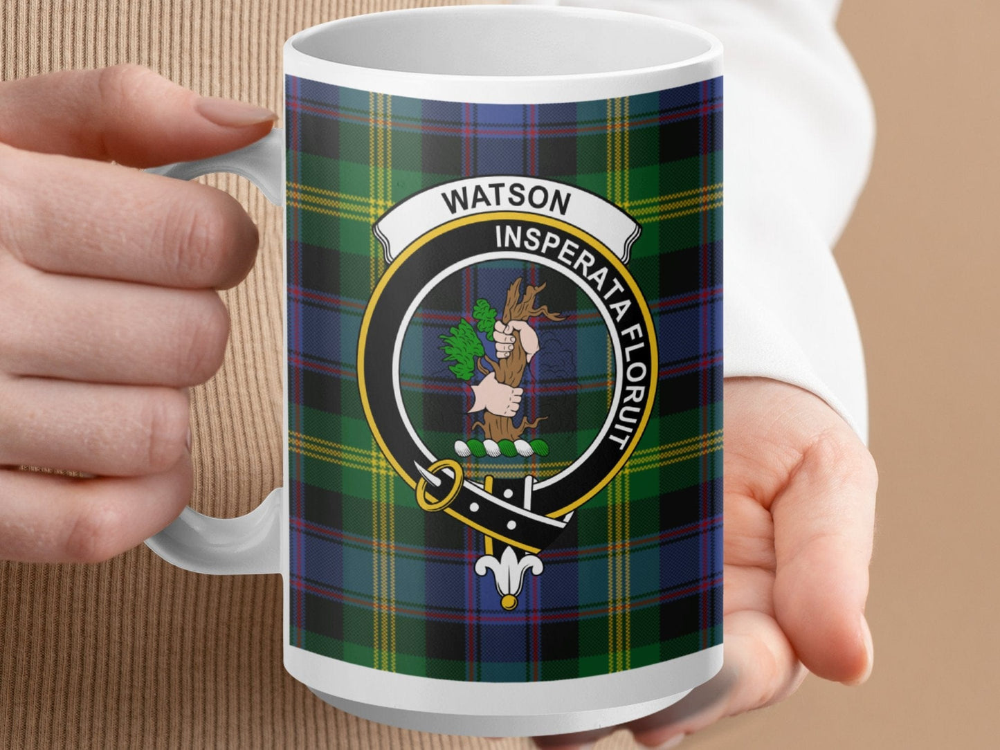 Physical Item 15oz / White Watson Clan Scottish Tartan Crest Mug