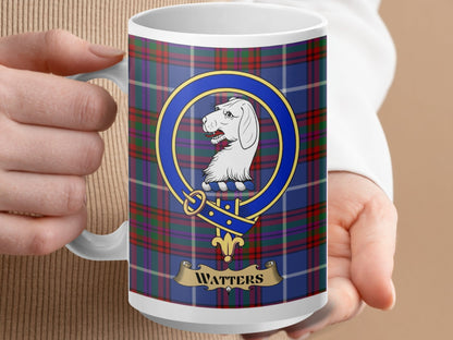 Physical Item 15oz / White Watters Clan Scottish Tartan Crest Mug