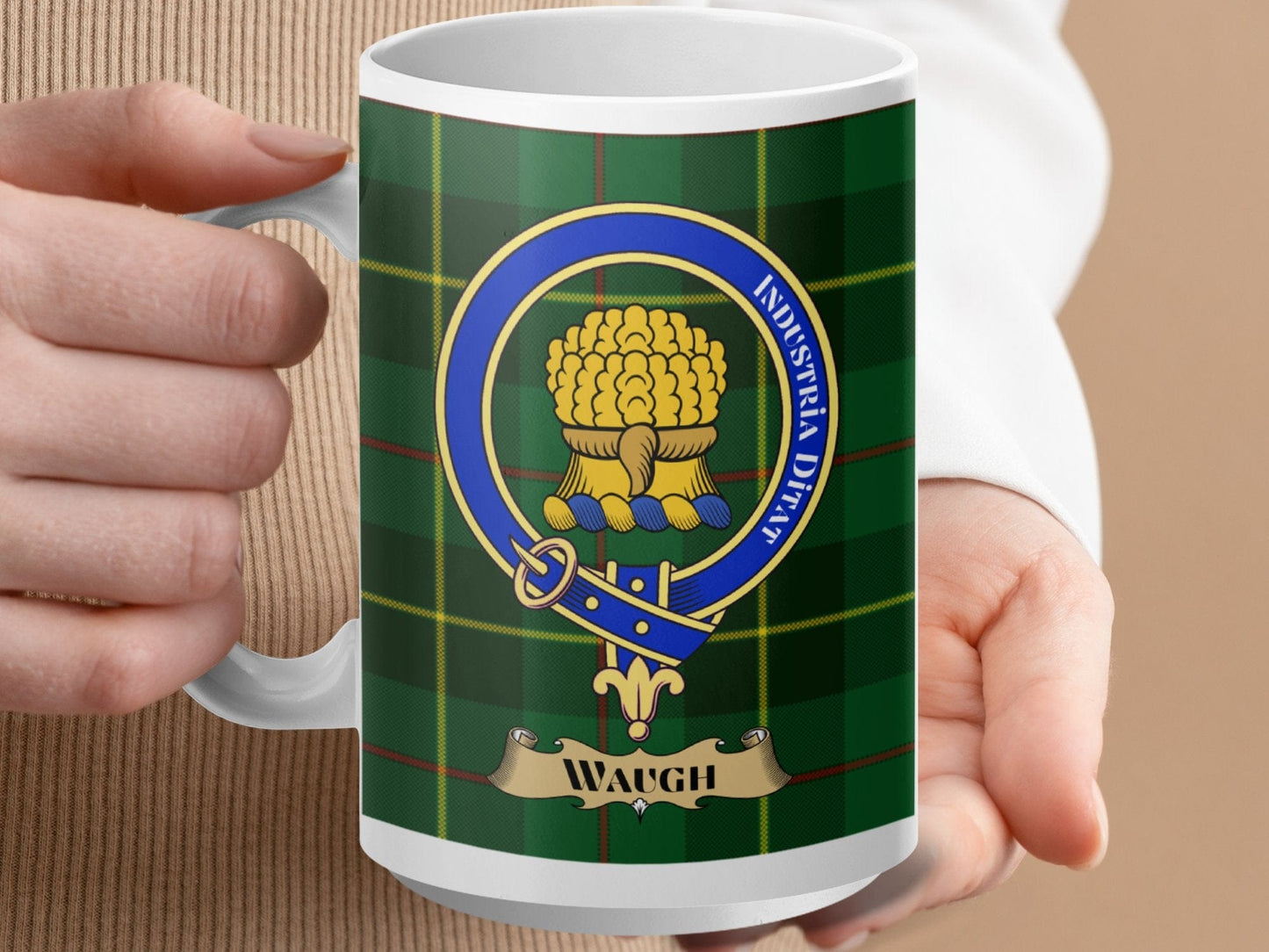 Physical Item 15oz / White Waugh Clan Scottish Tartan Crest Mug