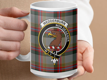 Physical Item 15oz / White Wedderburn Clan Scottish Tartan Crest Mug