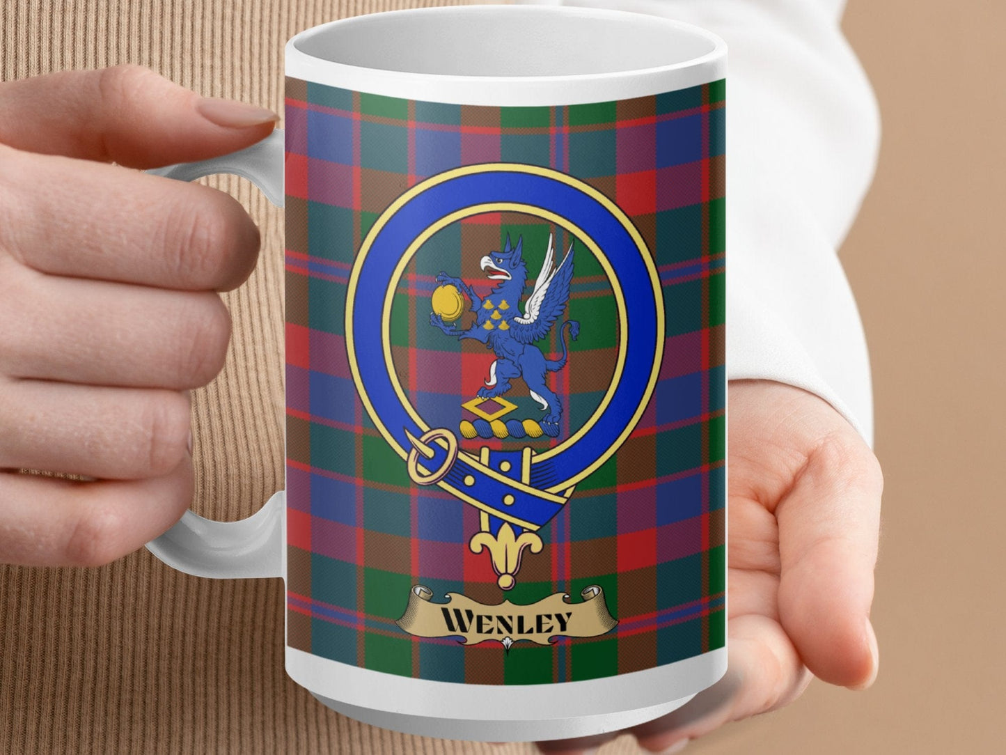 Physical Item 15oz / White Wenley Clan Scottish Tartan Crest Mug