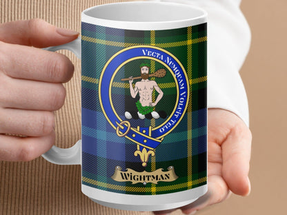 Physical Item 15oz / White Wightman Clan Scottish Tartan Crest Mug