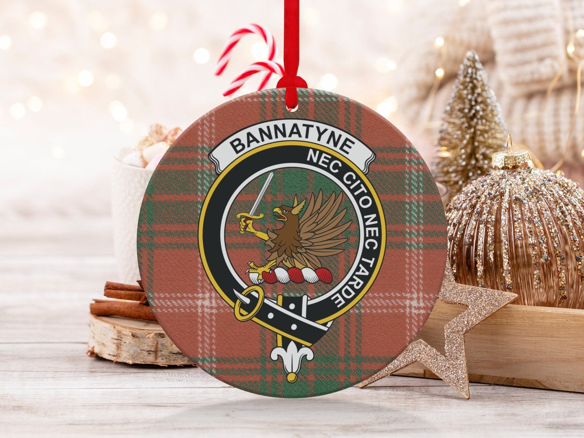 Physical Item 3.6" Bannatyne Nec Cito Nec Tarde Crest Tartan Christmas Ornaments