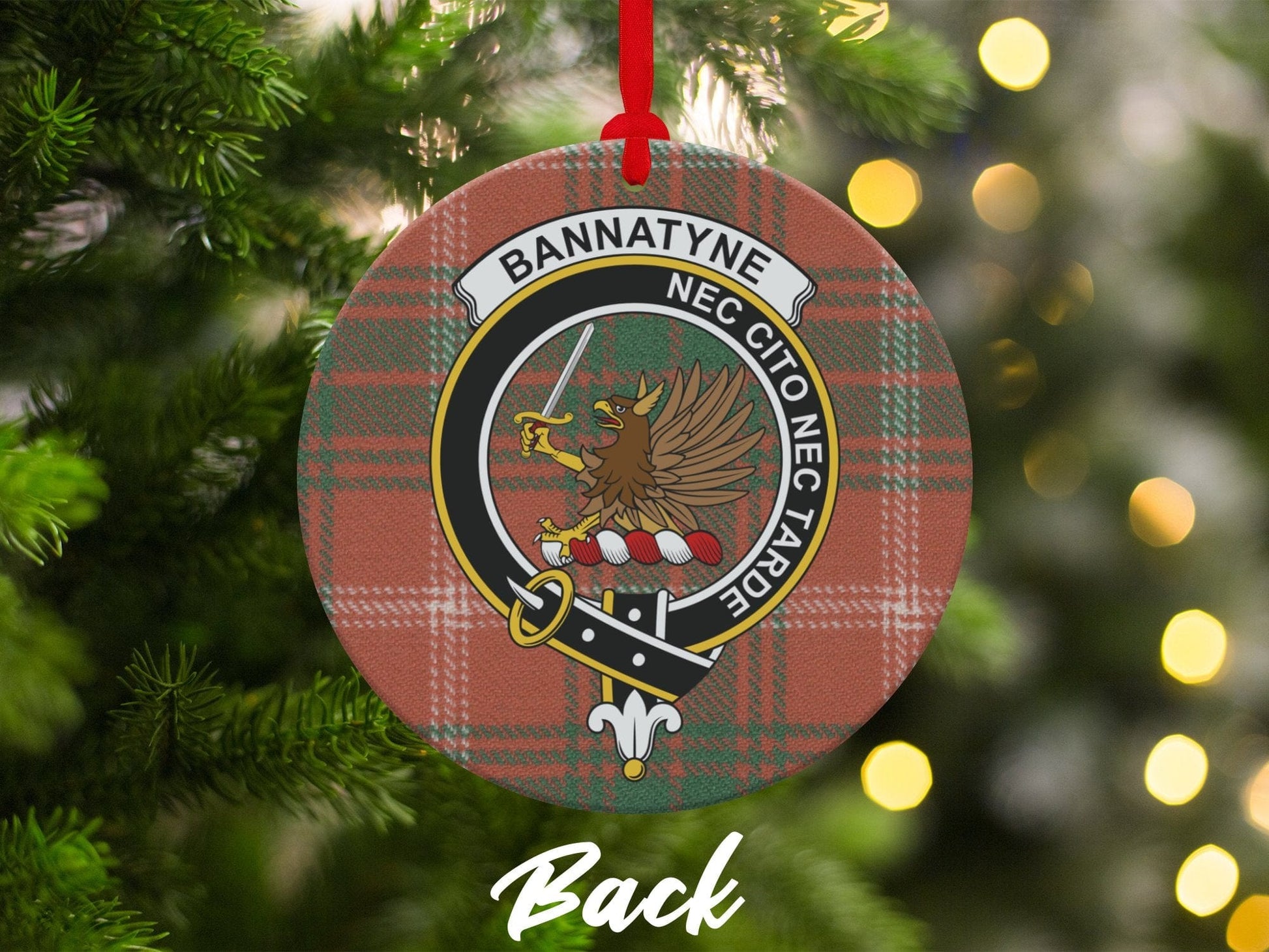 Physical Item 3.6" Bannatyne Nec Cito Nec Tarde Crest Tartan Christmas Ornaments