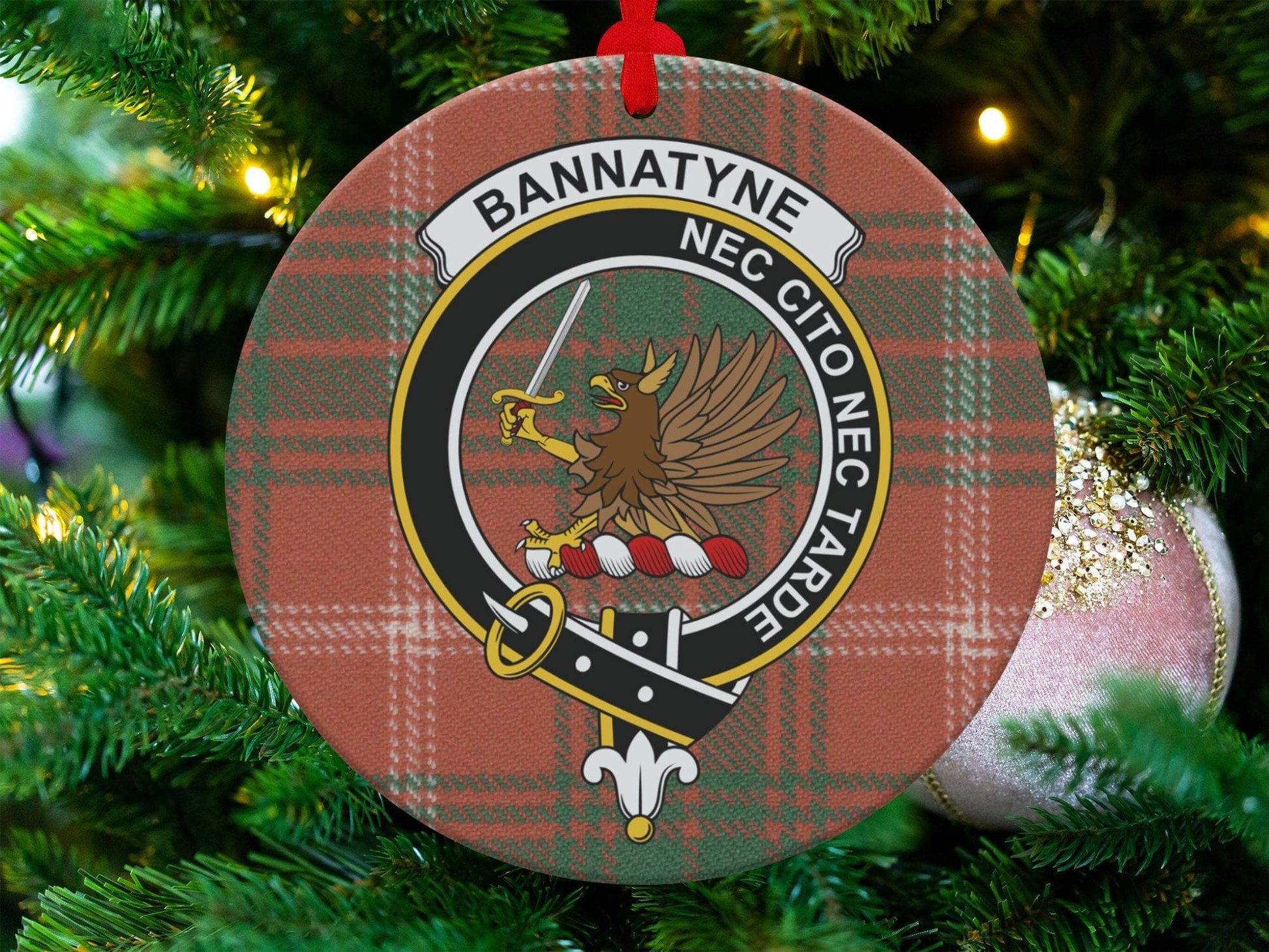 Physical Item 3.6" Bannatyne Nec Cito Nec Tarde Crest Tartan Christmas Ornaments