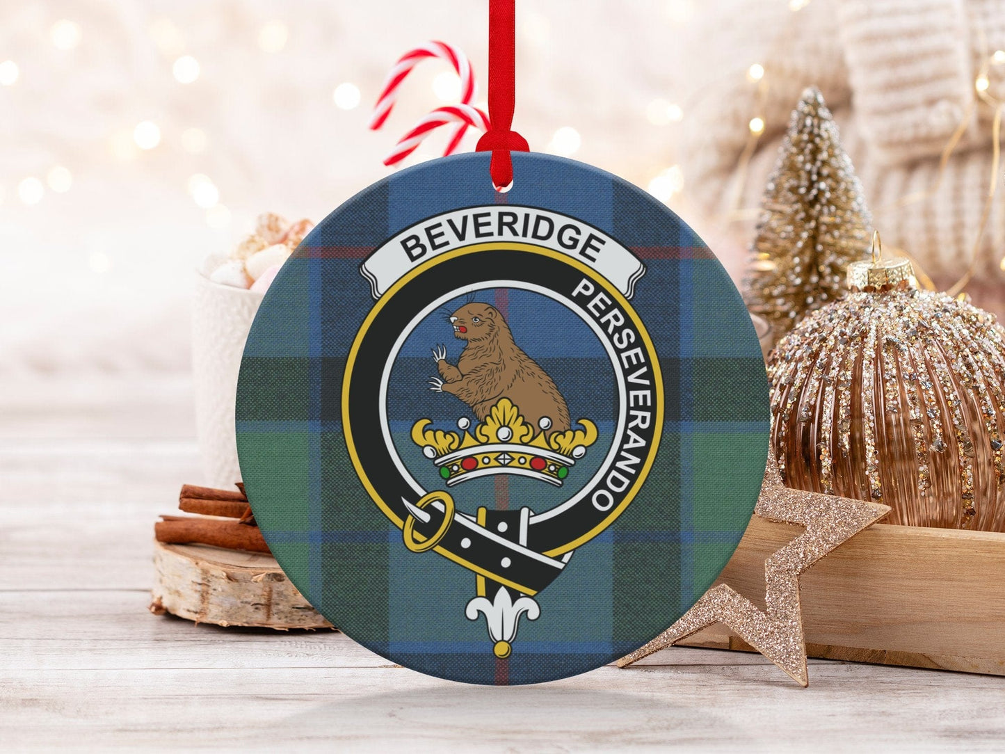 Physical Item 3.6" Beveridge Perseverando Scottish Clan Crest Tartan Ornaments