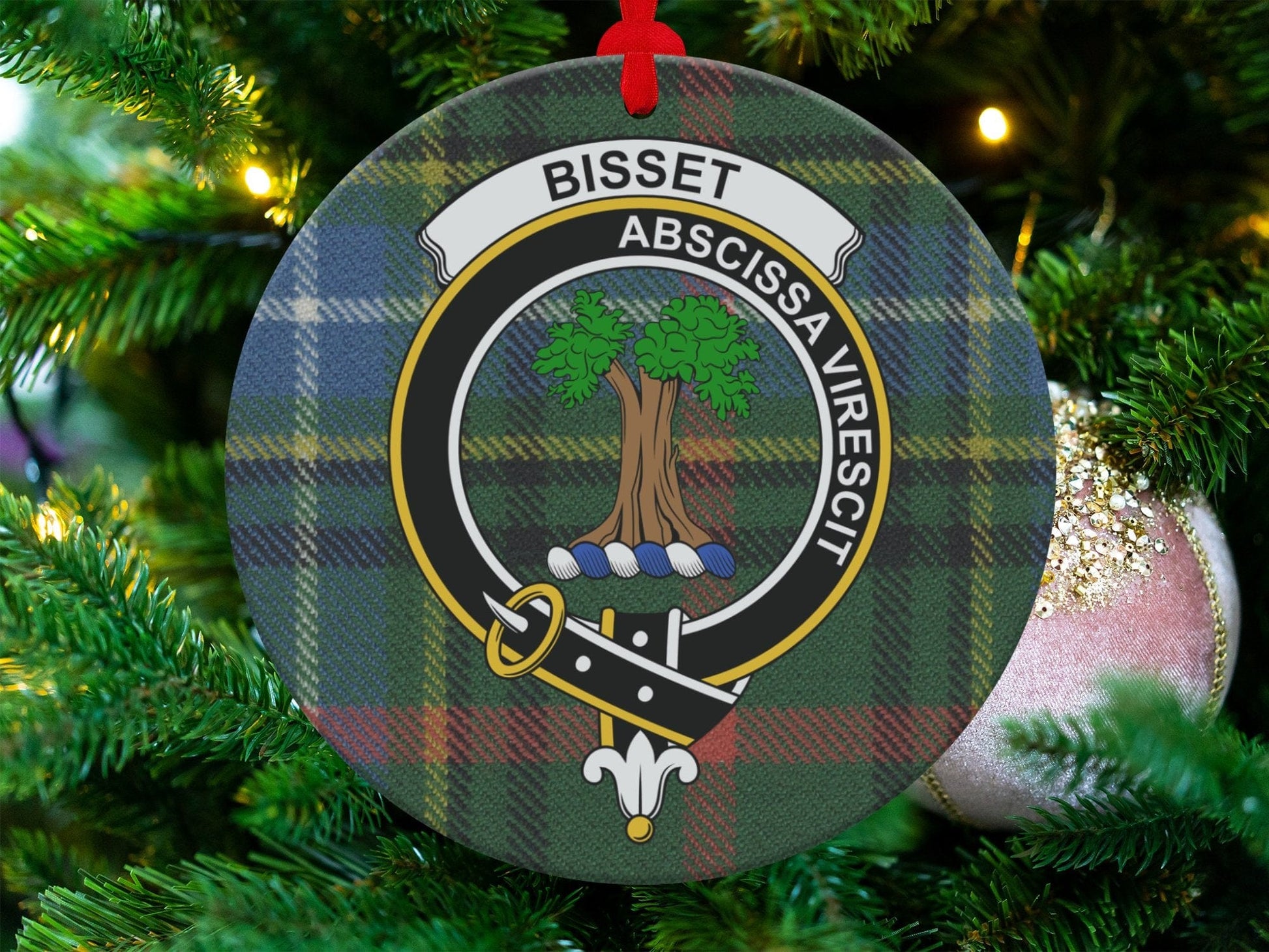 Physical Item 3.6" Bisset Scottish Clan Crest Tartan Christmas Ornaments