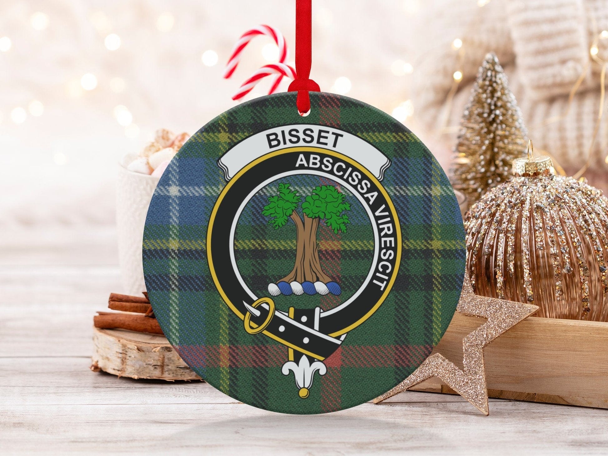 Physical Item 3.6" Bisset Scottish Clan Crest Tartan Christmas Ornaments