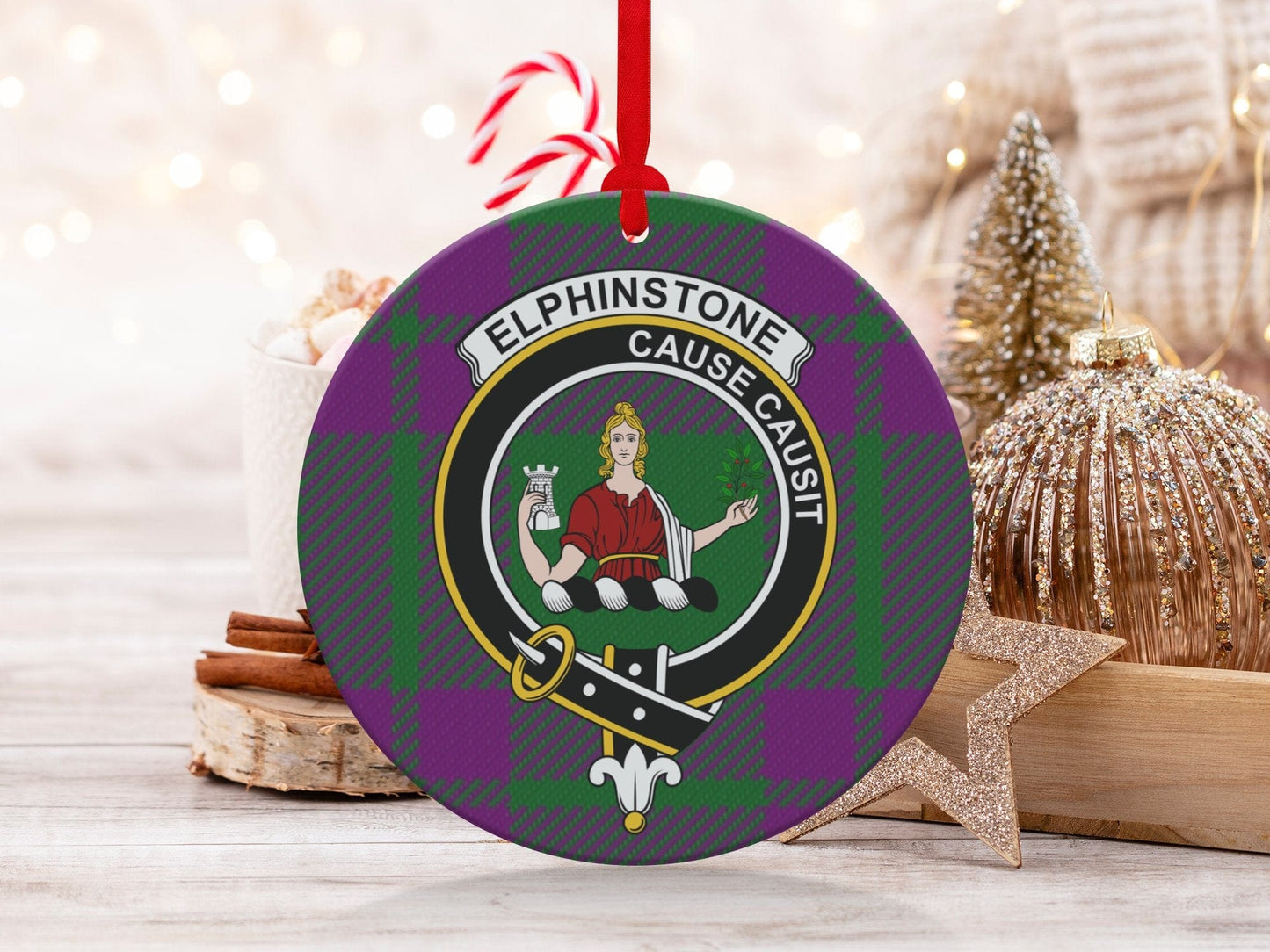 Physical Item 3.6" Elphinstone Clan Crest Tartan Christmas Ornaments