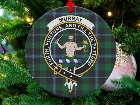 Physical Item 3.6" Murray Scottish Clan Crest Christmas Ornament, Tartan Background, Double Sided Print, Unique Scottish Holiday Decor, Clan Murray Gift