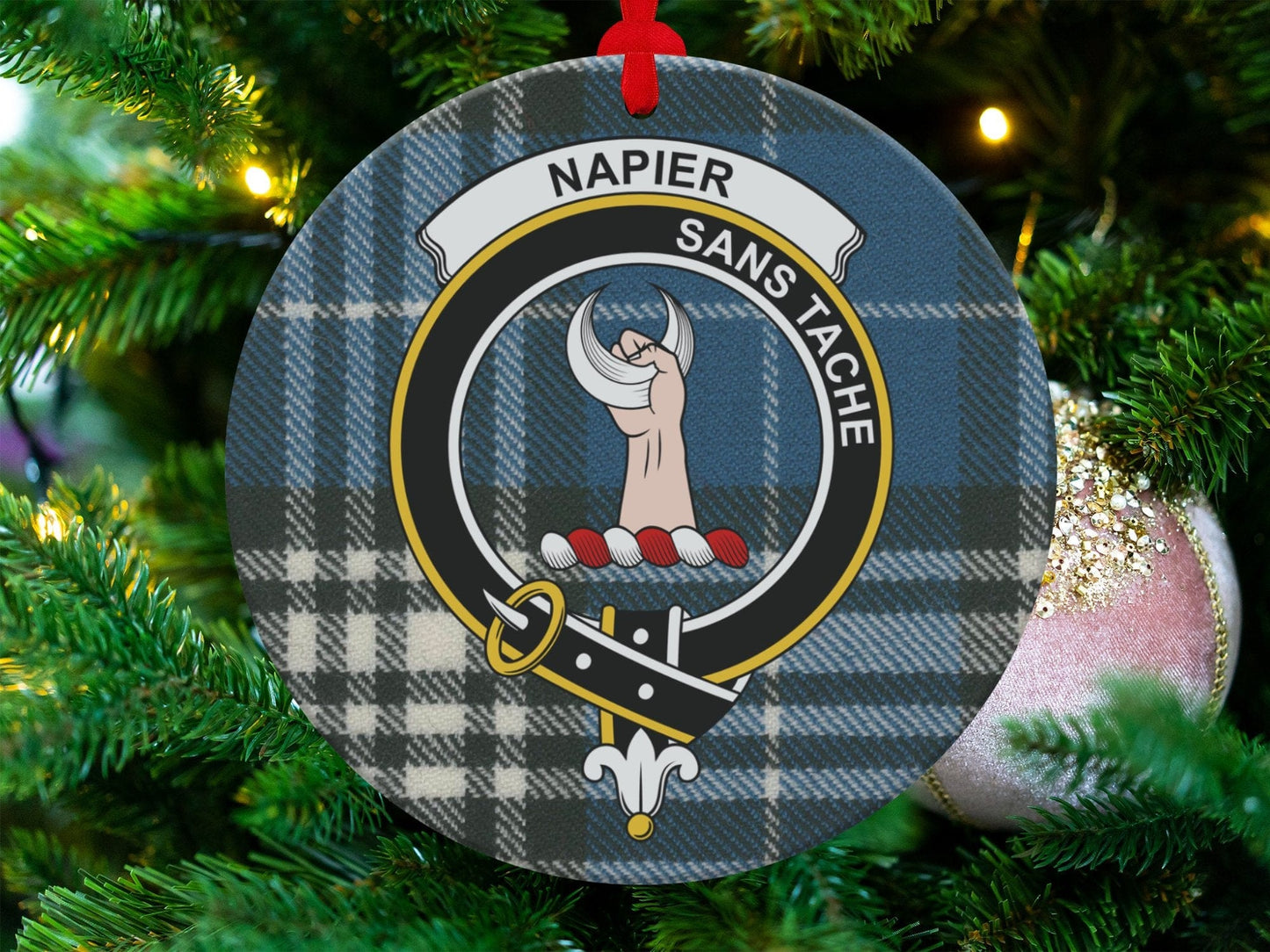 Physical Item 3.6" Napier Clan Crest Tartan Christmas Double Sided Ornaments