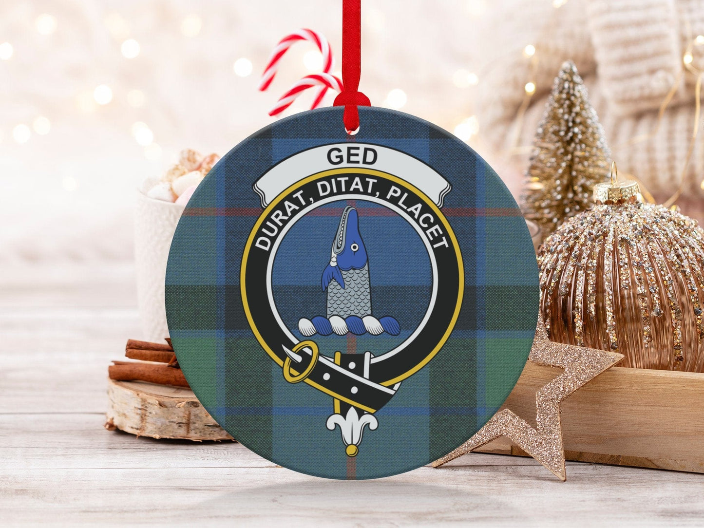 Physical Item 3.6" Scottish Clan Ged Crest Tartan Double Sided Print Ornaments