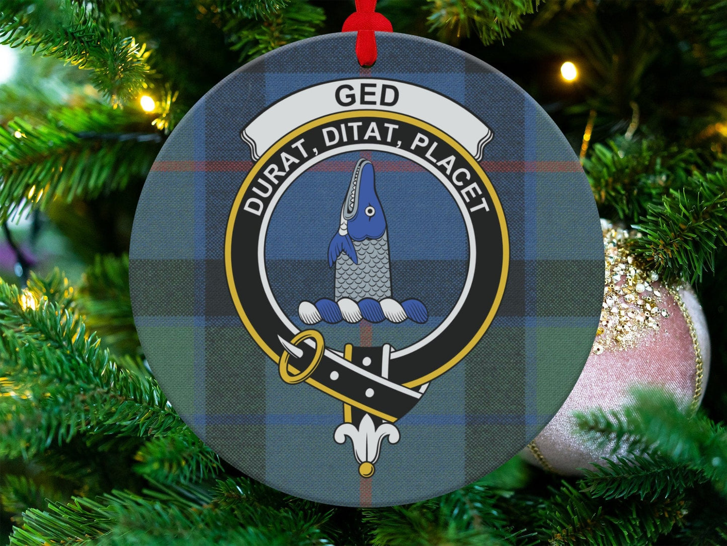 Physical Item 3.6" Scottish Clan Ged Crest Tartan Double Sided Print Ornaments