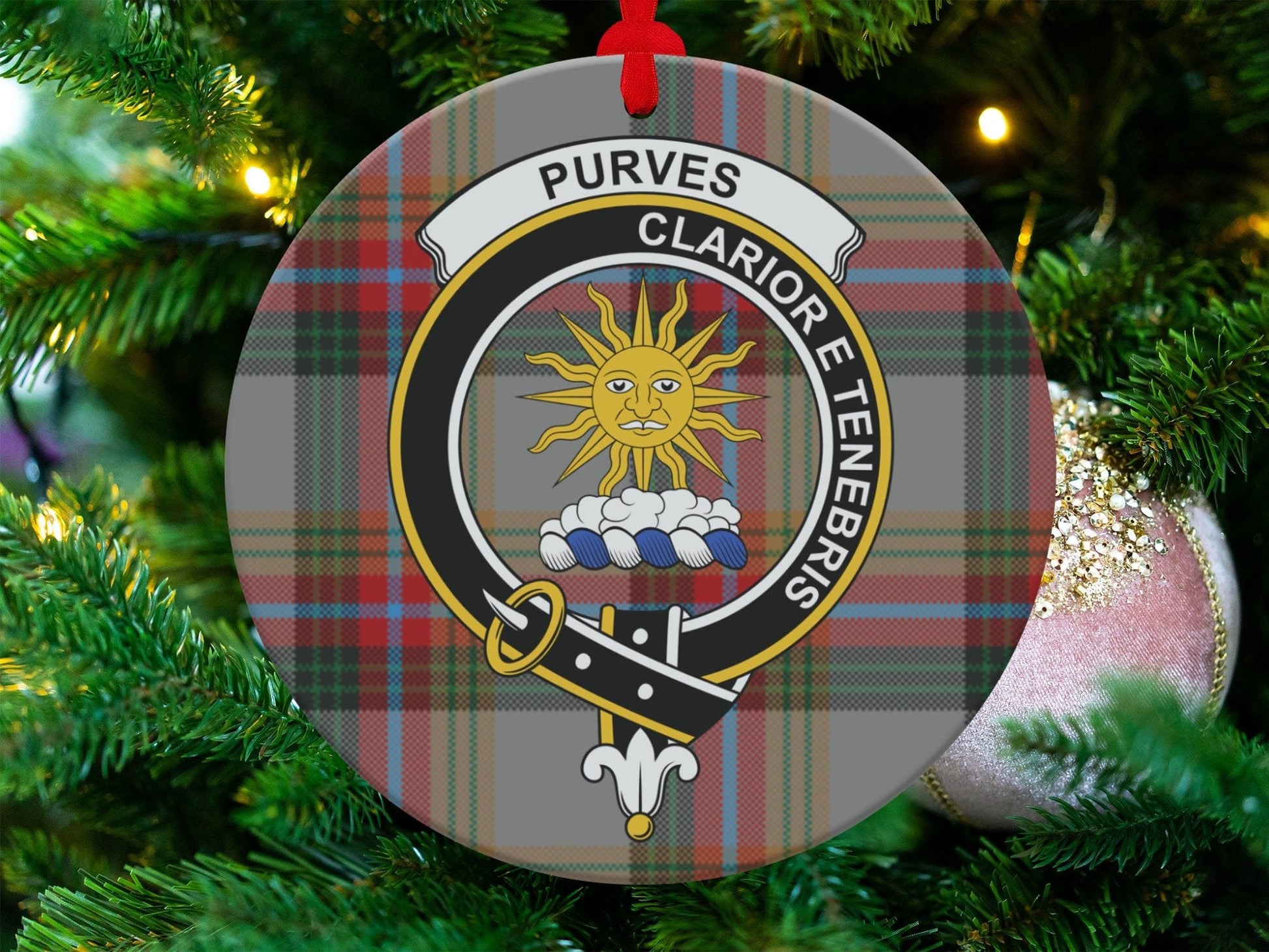 Physical Item 3.6" Scottish Purves Clan Crest Tartan Christmas Ornaments