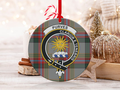 Physical Item 3.6" Scottish Purves Clan Crest Tartan Christmas Ornaments