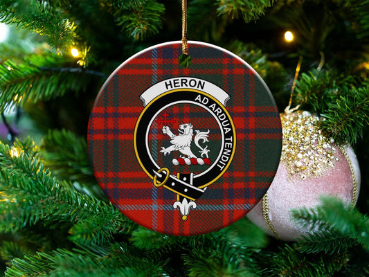 Physical Item 3" / White Heron Clan Crest on Tartan Background Christmas Ornaments