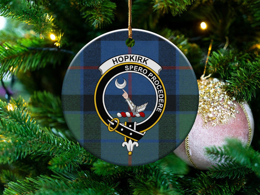 Physical Item 3" / White Hopkirk Clan Crest Christmas Tartan Ornaments