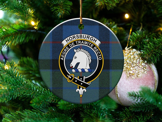 Physical Item 3" / White Horsburgh Clan Crest Christmas Tartan Background Ornaments