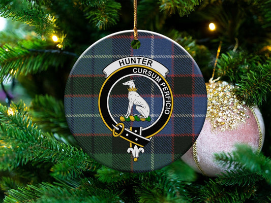 Physical Item 3" / White Hunter Clan Crest Christmas Tartan Ceramic Ornaments