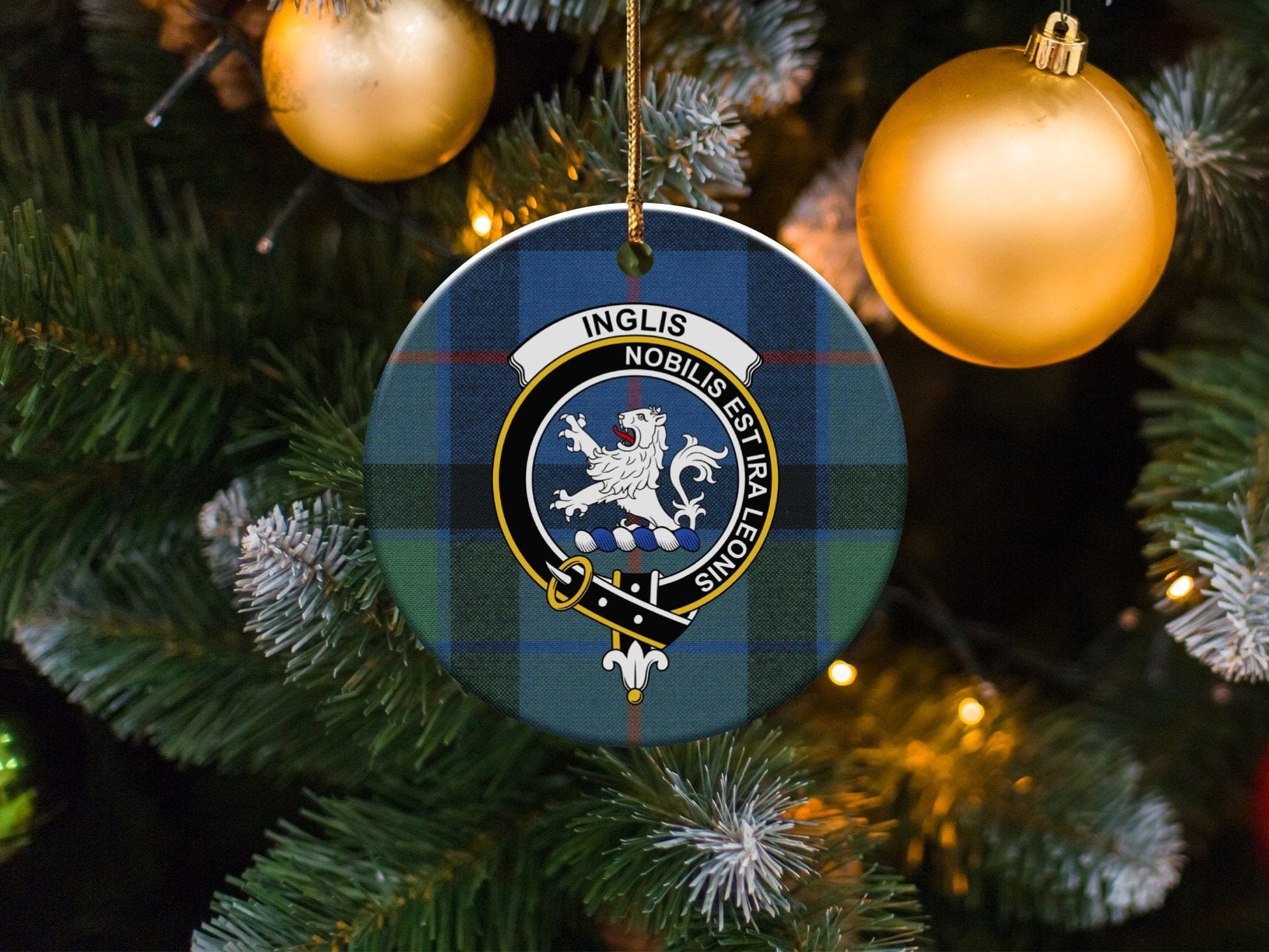 Physical Item 3" / White Inglis Clan Crest Christmas Ornaments