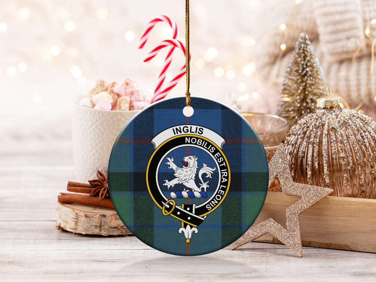 Physical Item 3" / White Inglis Clan Crest Christmas Ornaments