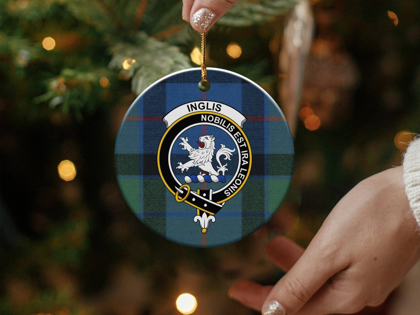 Physical Item 3" / White Inglis Clan Crest Christmas Ornaments