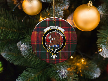 Physical Item 3" / White Innes Scottish Clan Crest Christmas Tartan Ornaments