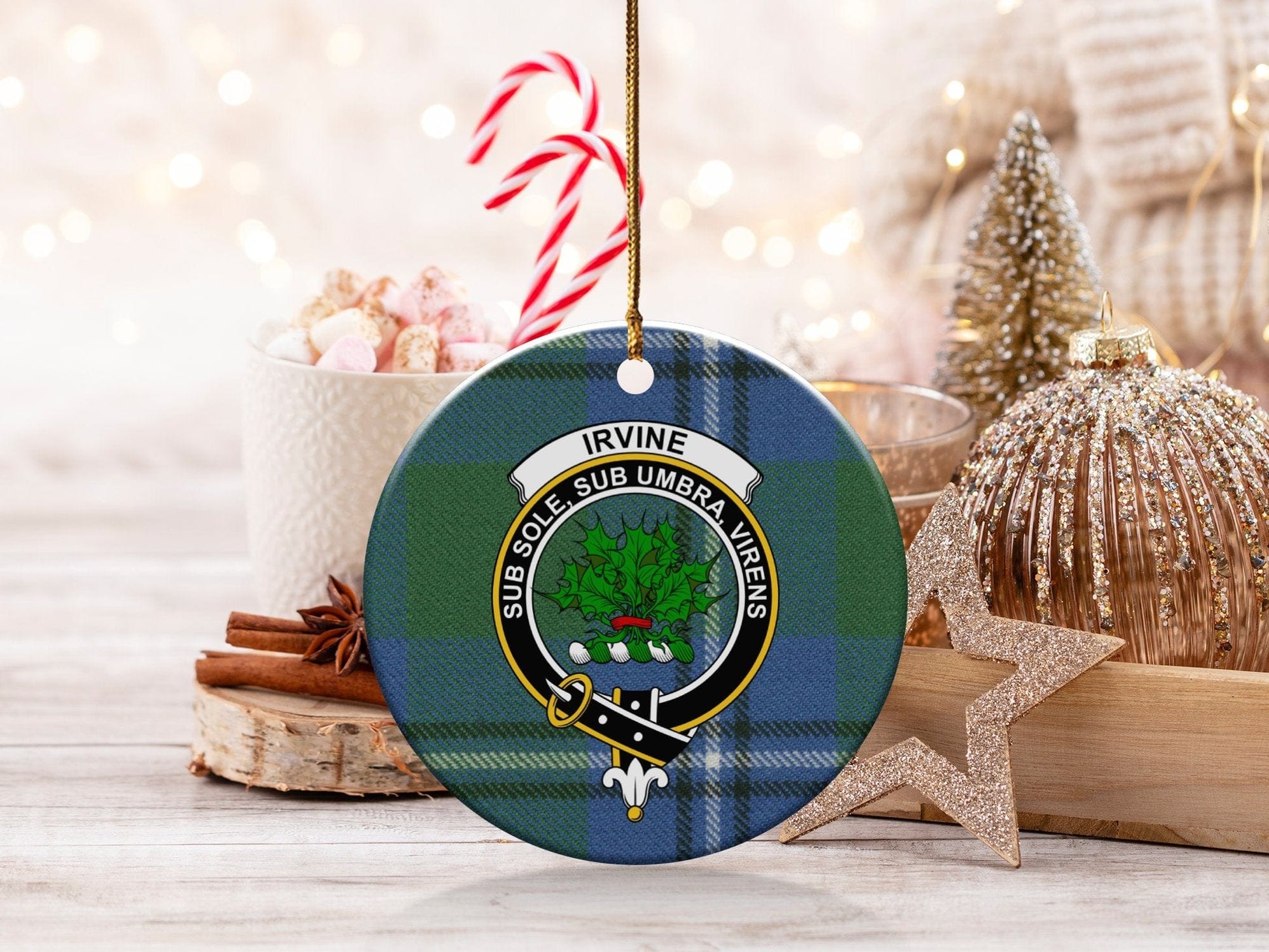 Physical Item 3" / White Irvine Clan Crest Christmas Ceramic Ornament Ornaments