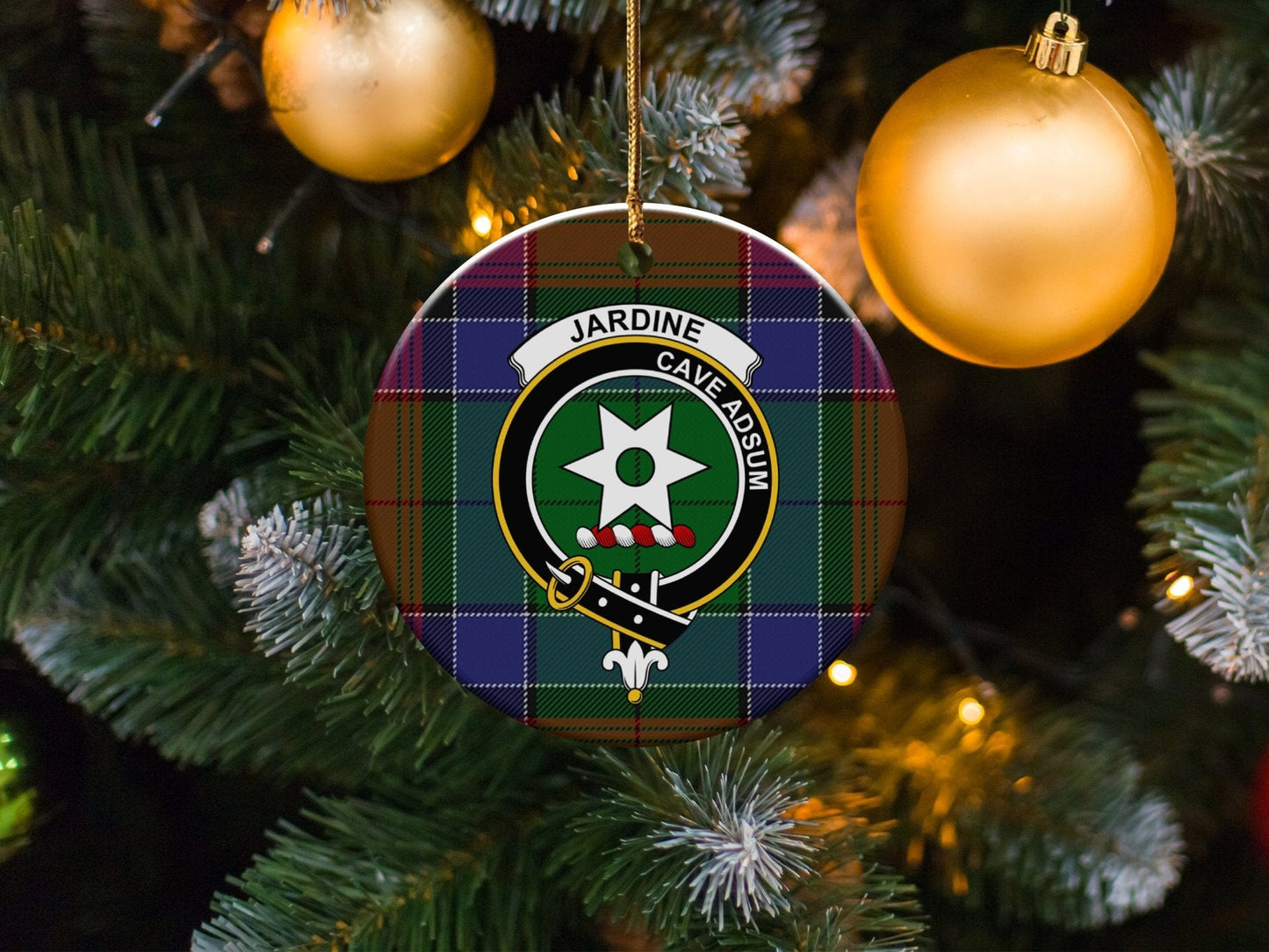 Physical Item 3" / White Jardine Clan Crest Christmas Ceramic Ornament on Tartan Ornaments