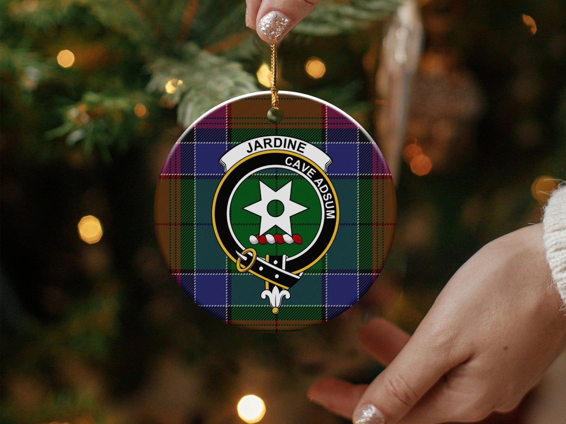 Physical Item 3" / White Jardine Clan Crest Christmas Ceramic Ornament on Tartan Ornaments