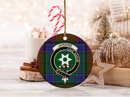 Physical Item 3" / White Jardine Clan Crest Christmas Ceramic Ornament on Tartan Ornaments