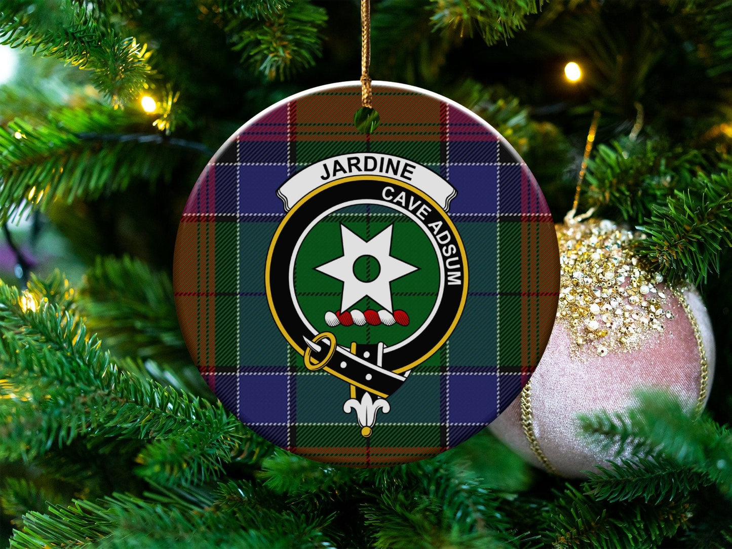 Physical Item 3" / White Jardine Clan Crest Christmas Ceramic Ornament on Tartan Ornaments