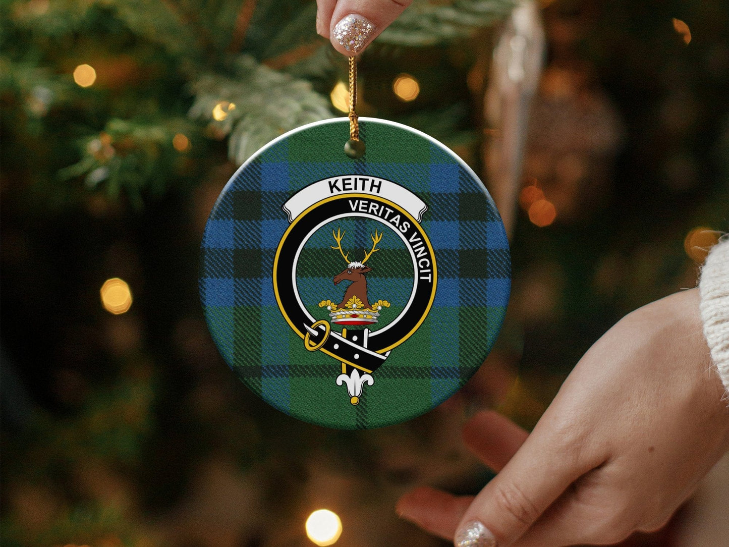 Physical Item 3" / White Keith Clan Crest Christmas Ceramic Ornament