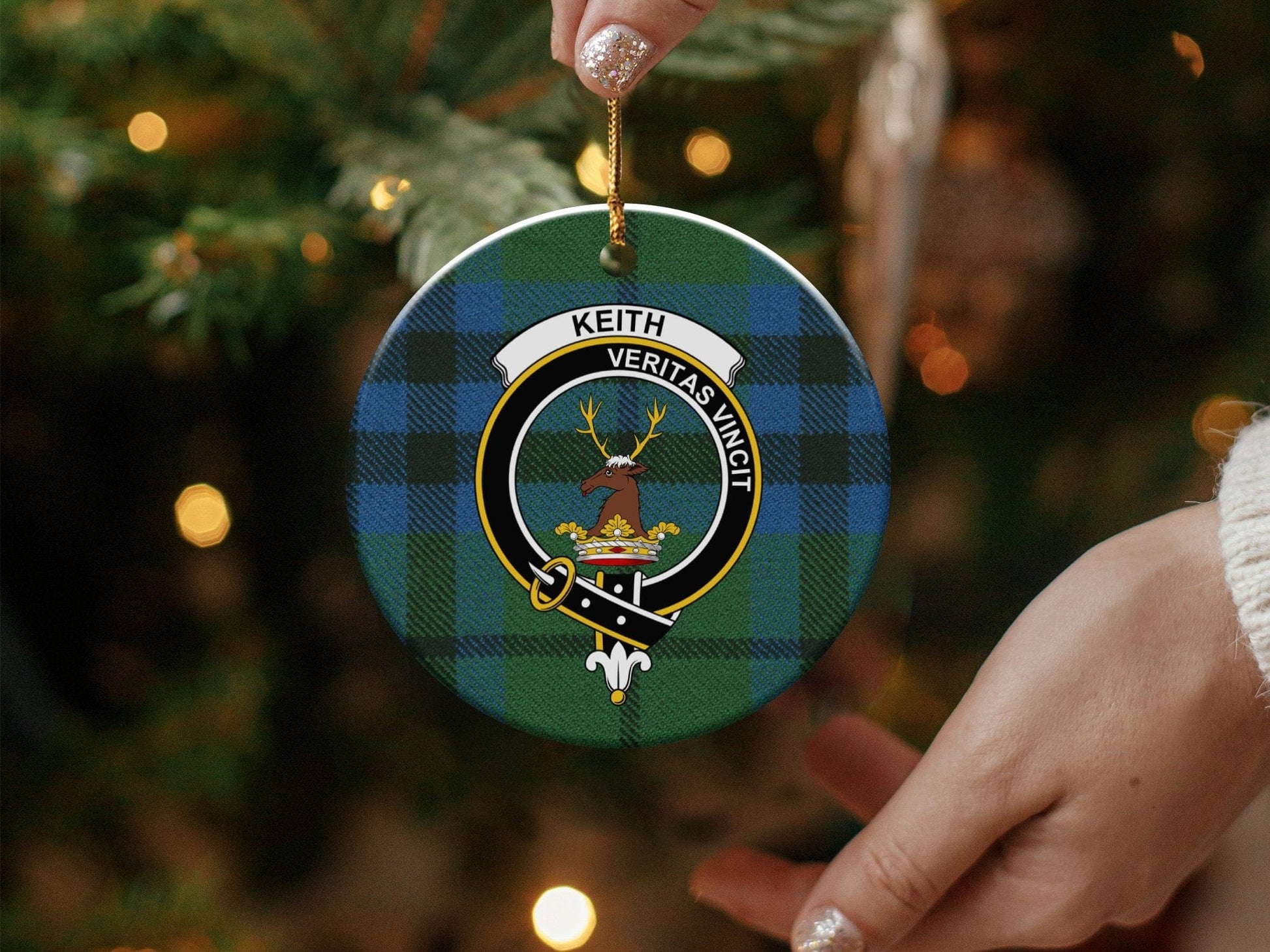 Physical Item 3" / White Keith Clan Crest Christmas Ceramic Ornament