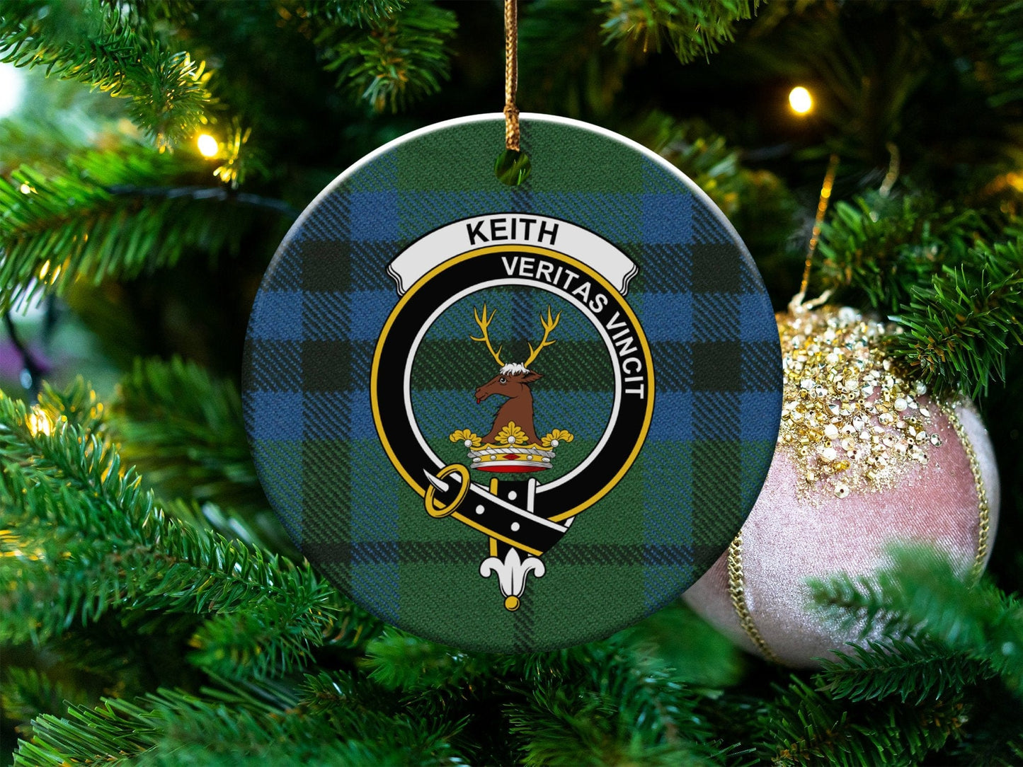 Physical Item 3" / White Keith Clan Crest Christmas Ceramic Ornament