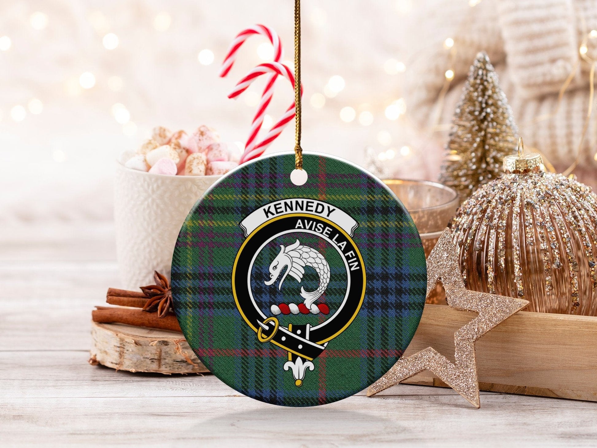 Physical Item 3" / White Kennedy Scottish Clan Crest Christmas Ceramic Ornaments