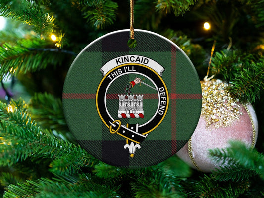 Physical Item 3" / White Kincaid Crest Christmas Ornament Tartan Design Ornaments