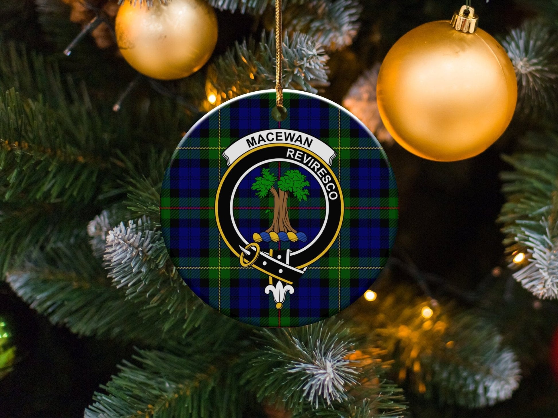 Physical Item 3" / White Macewan Clan Crest Tartan Ceramic Christmas Ornaments