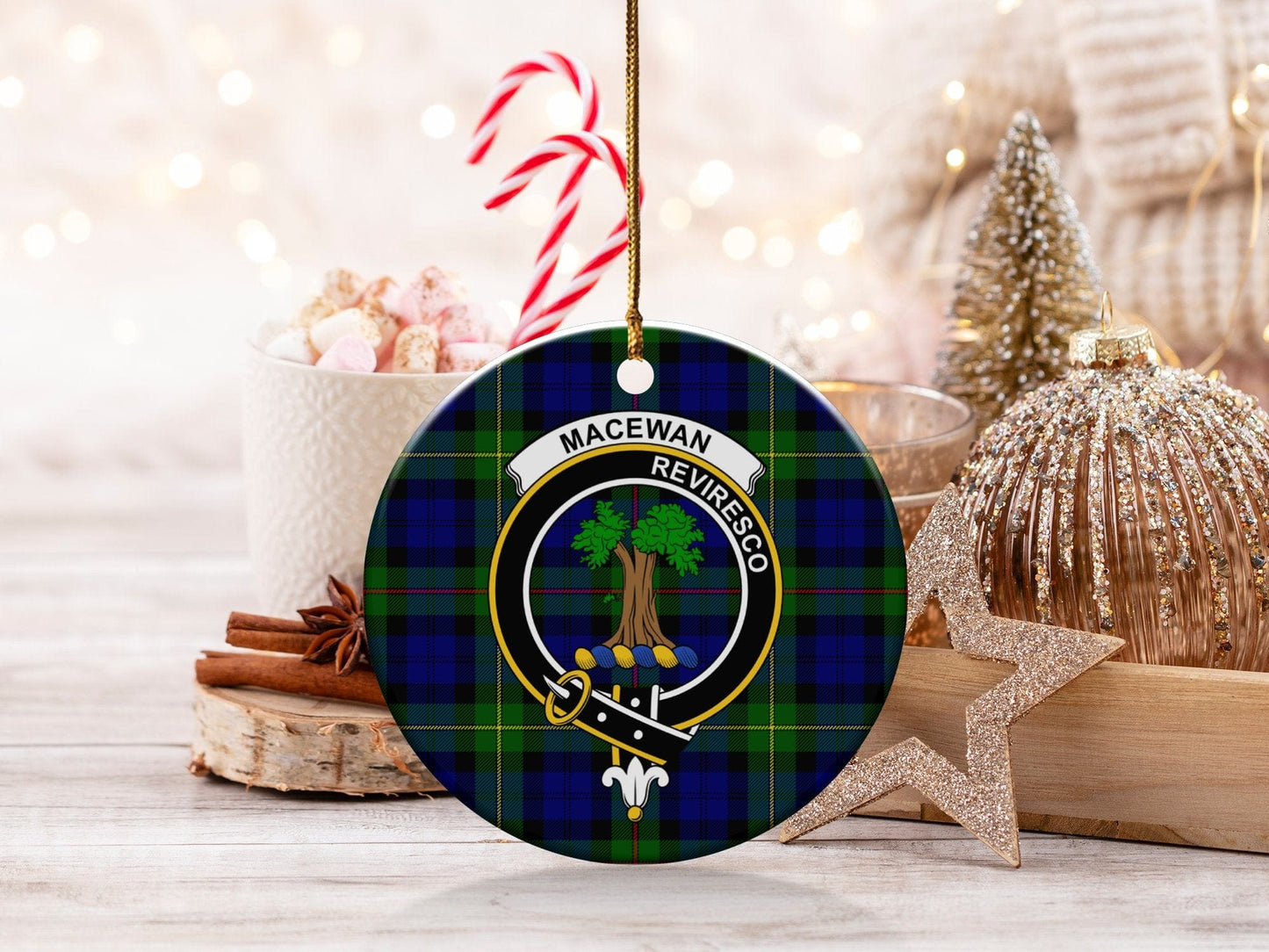 Physical Item 3" / White Macewan Clan Crest Tartan Ceramic Christmas Ornaments