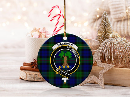 Physical Item 3" / White Macewan Clan Crest Tartan Ceramic Christmas Ornaments