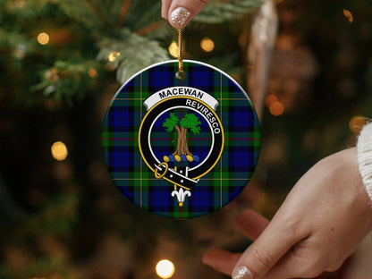 Physical Item 3" / White Macewan Clan Crest Tartan Ceramic Christmas Ornaments