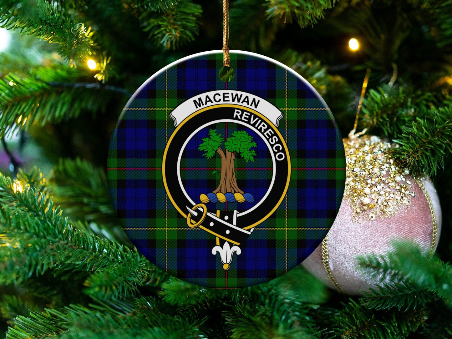 Physical Item 3" / White Macewan Clan Crest Tartan Ceramic Christmas Ornaments