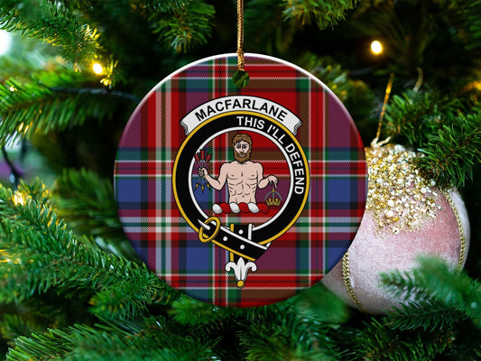 Physical Item 3" / White Macfarlane Clan Crest Tartan Background Ornaments