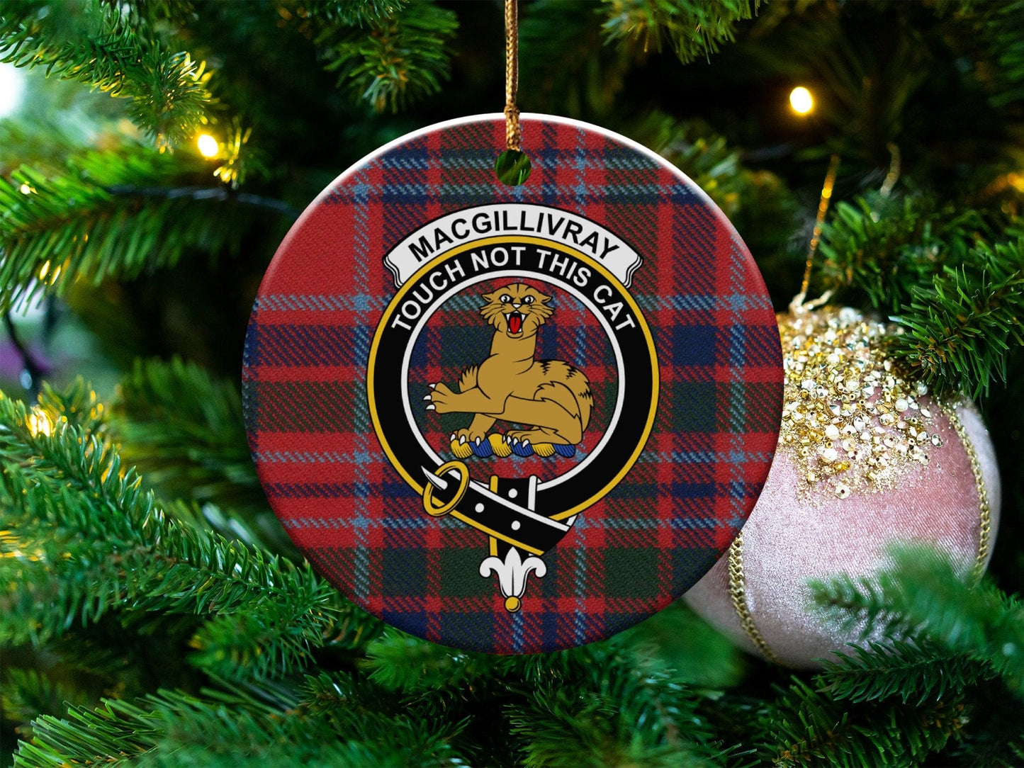 Physical Item 3" / White MacGillivray Clan Crest Christmas Tartan Ornaments