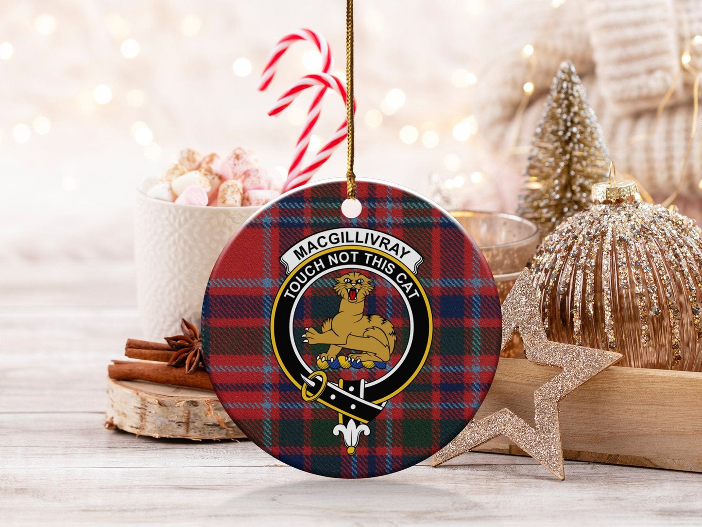 Physical Item 3" / White MacGillivray Clan Crest Christmas Tartan Ornaments