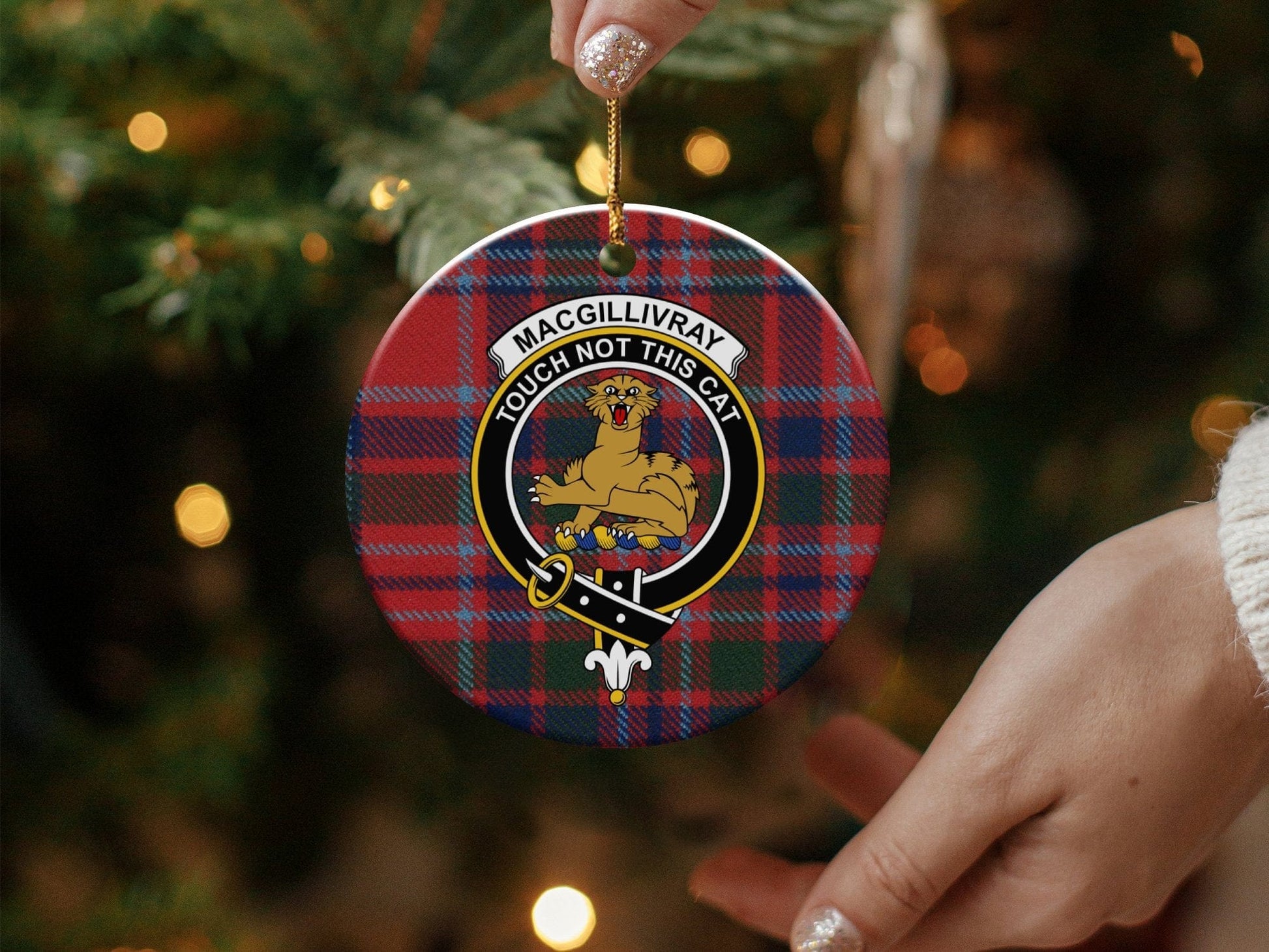 Physical Item 3" / White MacGillivray Clan Crest Christmas Tartan Ornaments