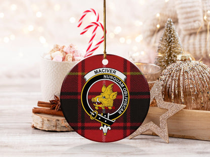 Physical Item 3" / White MacIver Clan Crest Christmas Tartan Background Ornaments