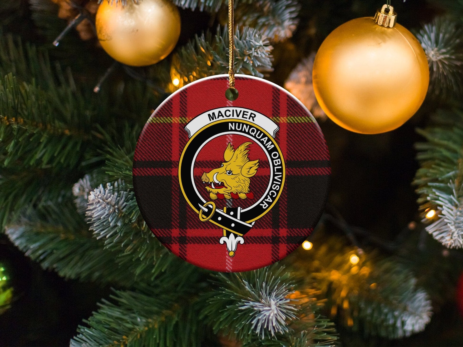 Physical Item 3" / White MacIver Clan Crest Christmas Tartan Background Ornaments