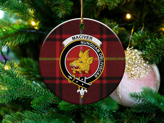 Physical Item 3" / White MacIver Clan Crest Scottish Tartan Christmas Ornaments